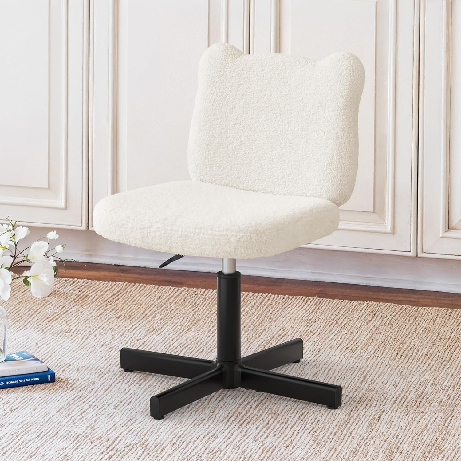 Adjustable Vanity Stool Chair with Girly Bear Ear Wide Back, 360° Swivel Vanity Stool for Makeup Room, Upholstered Teddy Velvet Ottoman for Teen Girls, 350lbs, Beige
