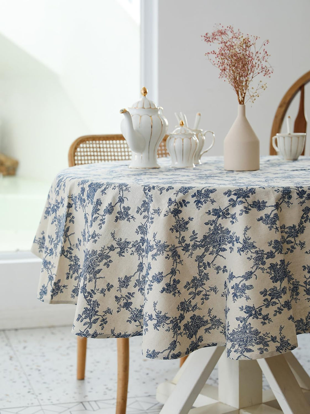 Pastoral Round Tablecloth - 60 Inch Dia. Table Cloth - Washable Table Cover with Dust-Proof Wrinkle Resistant for Restaurant, Picnic, Indoor and Outdoor Dining, Floral (Dark Blue)