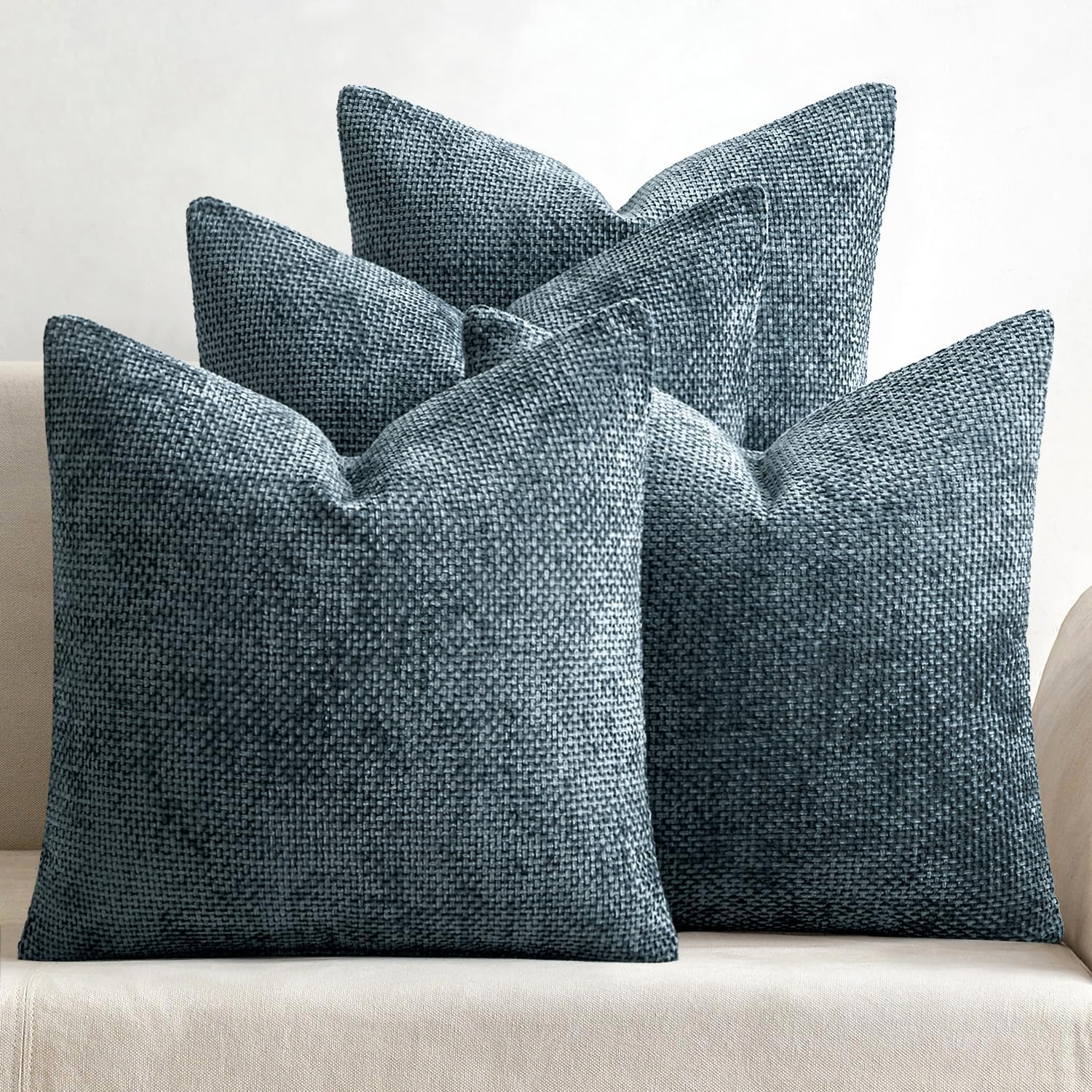 Pack of 4 Couch Throw Pillow Covers 18x18 Inch Neutral Blue Soft Decorative Chenille Pillow Covers Farmhouse Accent Cushion Covers for Boho Western Spring Coastal Decor Sofa Bed Living Room