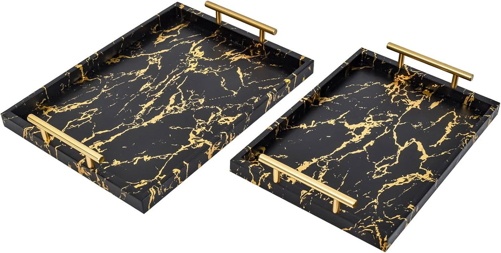 Modern Decorative Tray Set of 2 Ivory Shagreen Leather and Wood Serving Tray with Gold Polished Metal Handles for Ottoman, Coffee Table, Bathroom and More