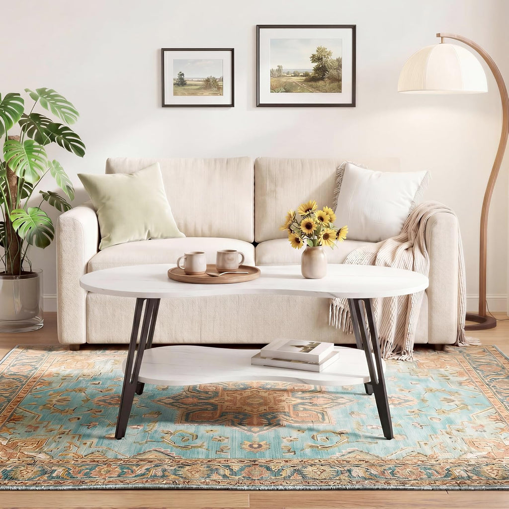 MWOOD Oval Coffee Table, 39.37" Center Table with Storage Shelf and Metal Leg, Waterproof & Scratch-Resistant Dining Table for Living Roome, Bedroom Marble-Patterned