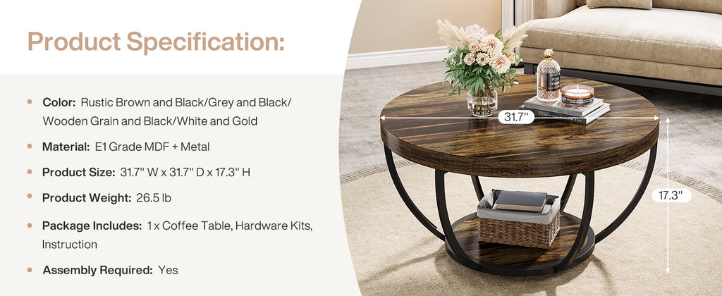 Tribesigns Round Coffee Table, 31.7" Wooden 2-Tier Circle Coffee Table with Storage Shelves, Modern Accent Cocktail Table Center Table for Living Room, Rustic Brown