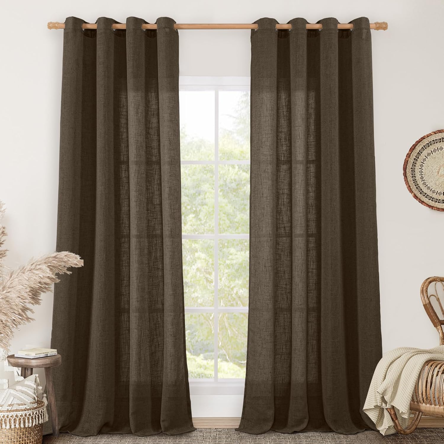 Natural Ivory Linen Semi Sheer Curtains 84 inch Length, Cream Light Filtering Soft Thick Neutral Living Room Drapes with Bronze Grommet for Bedroom/Farmhouse, 2 Panels, 52 x 84 Inch