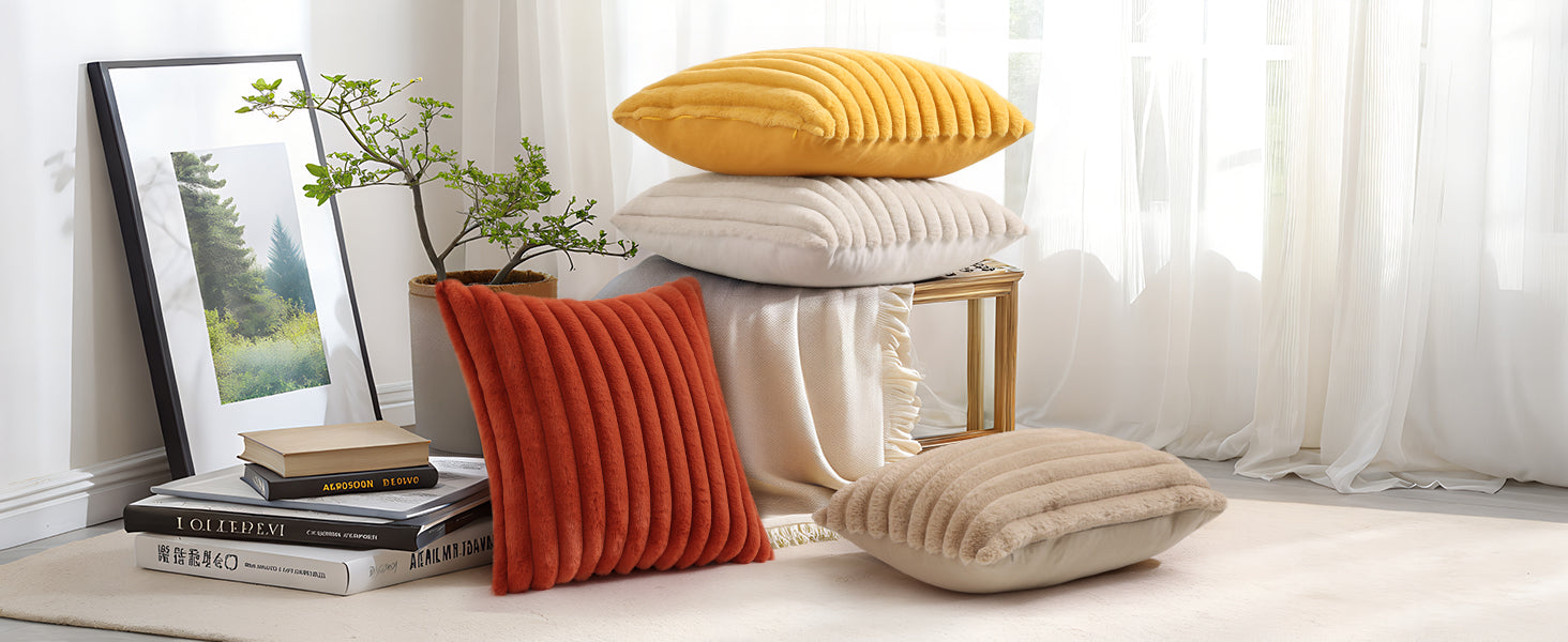 Pallene Faux Fur Plush Throw Pillow Covers 18x18 Set of 2, Luxury Soft Fluffy Striped Decorative Pillow Covers for Sofa, Couch, Living Room, Cream White