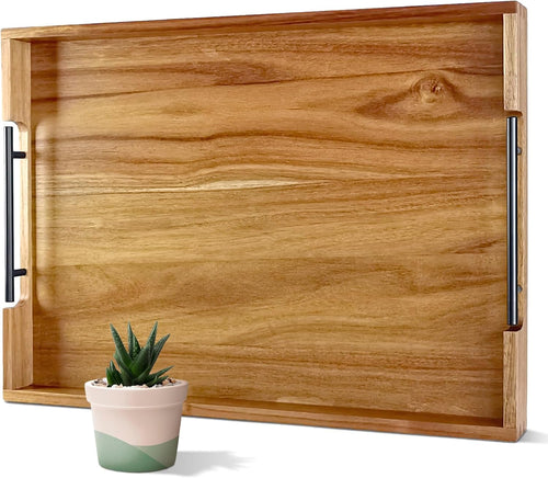 22 Inches Acacia Wood Serving Tray with Metal Handles, Large Wooden Rectangle Ottoman Tray, Decorative and Durable Design for Living Room Coffee Table Couch Kitchen