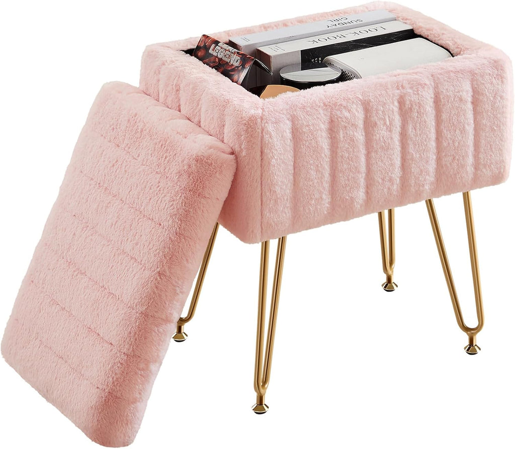 Vanity Stool Chair with Storage, 18.9”H x 16”L x 12.2”W Ottoman Chair Faux Fur Soft Padded Makeup Footstools Seat with 4 Metal Legs Anti-Slip Adjustable Feet for Make Up, Pink