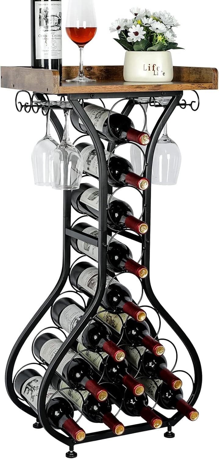 X-cosrack Wine Rack Freestanding Floor, Wine Storage Rack Mini Bar Table with Tabletop, Glass Holder Wine Bottle Display Stand Liquor Cabinet for Home Bar Kitchen Living Room