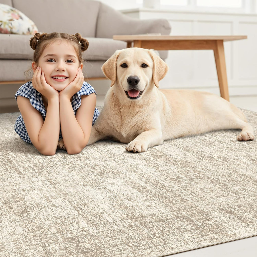 Soalmost Washable Area Rug 8x10, Large Soft Rugs for Living Room Vintage Beige Carpet 8x10 Area Rugs for Bedroom Dining Room Non-Slip Stain Resistant Under Table Rug