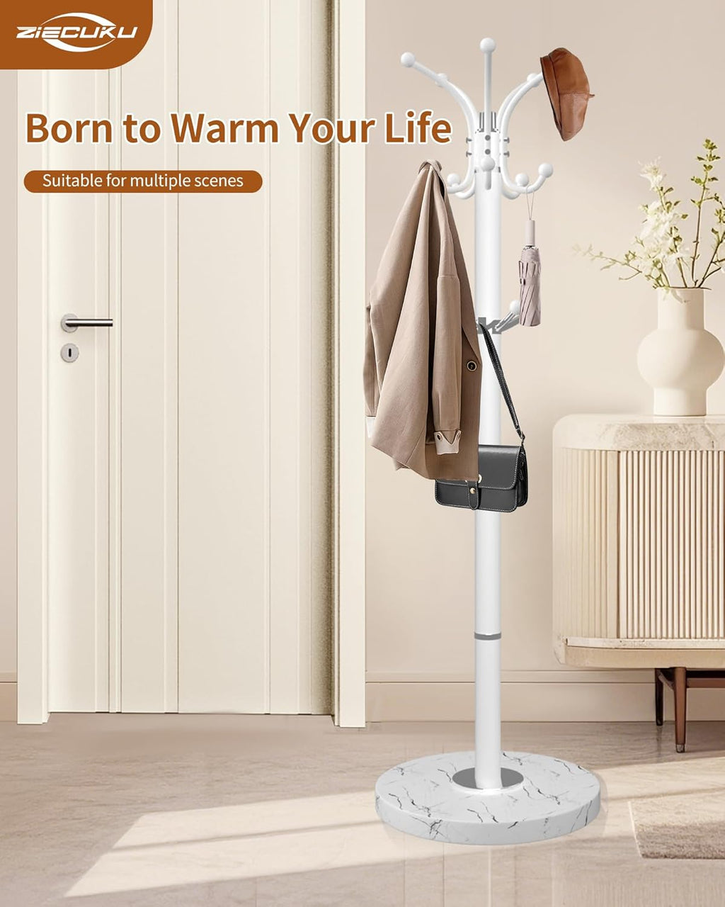 Metal Coat Rack with Natural Marble Base,360°Rotary Coat Rack Stand with 14 Hooks,Modern Freestanging Coat Racks,White Coat Jacket Hanger Clothes Tree Stand for Entryway,Corner
