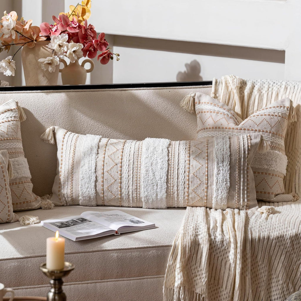 BlissBlush 14x36 Lumbar Pillow Cover for Bed, Rectangular Long Decorative Throw Pillowcase, Boho Accent Cushion with Tufted Pattern and Tassels, Cream Beige Neutral (Cover Only)