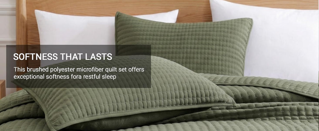 Queen Quilt-3 Pieces Lightweight Bedspreads Olive Green Queen Size Quilt Bedding Set for All Seasons, Soft Summer Coverlet with 2 Pillow Shams Suitable for Bed & Couch