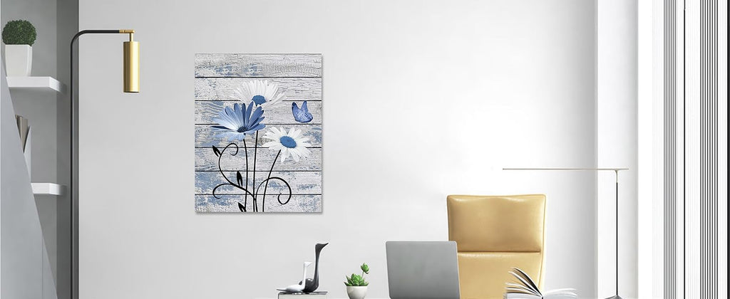 Farmhouse Floral Wall Art for Living Room, Blue and White Daisy Flower and Butterfly on Rustic Wood Board Canvas Wall Art Framed Artwork Ready to Hang for Bathroom Bedroom Decor, 16L X 12W