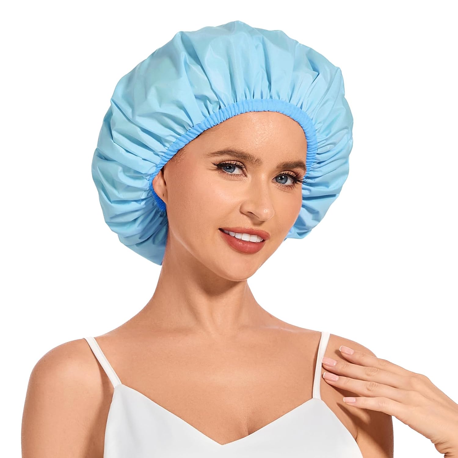 Shower Cap for Women Waterproof Reusable, Large Shower Cap Non-Slip with Elastic Band, Washable Bath Hair Hat for Long Hair, Braids (Pink)