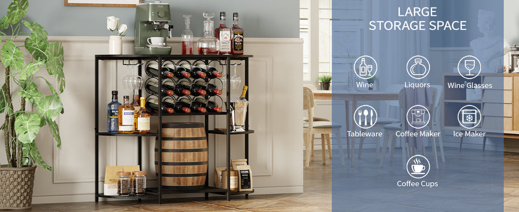 JKsmart Wine Bar Cabinet with LED Lights, Mini Wine Bar Cart with Storage and Glass Holder, Home Bar Coffee Bar for Liquor, 3-Tier Bar Table for Kitchen, Dining Room, Living Room, Black