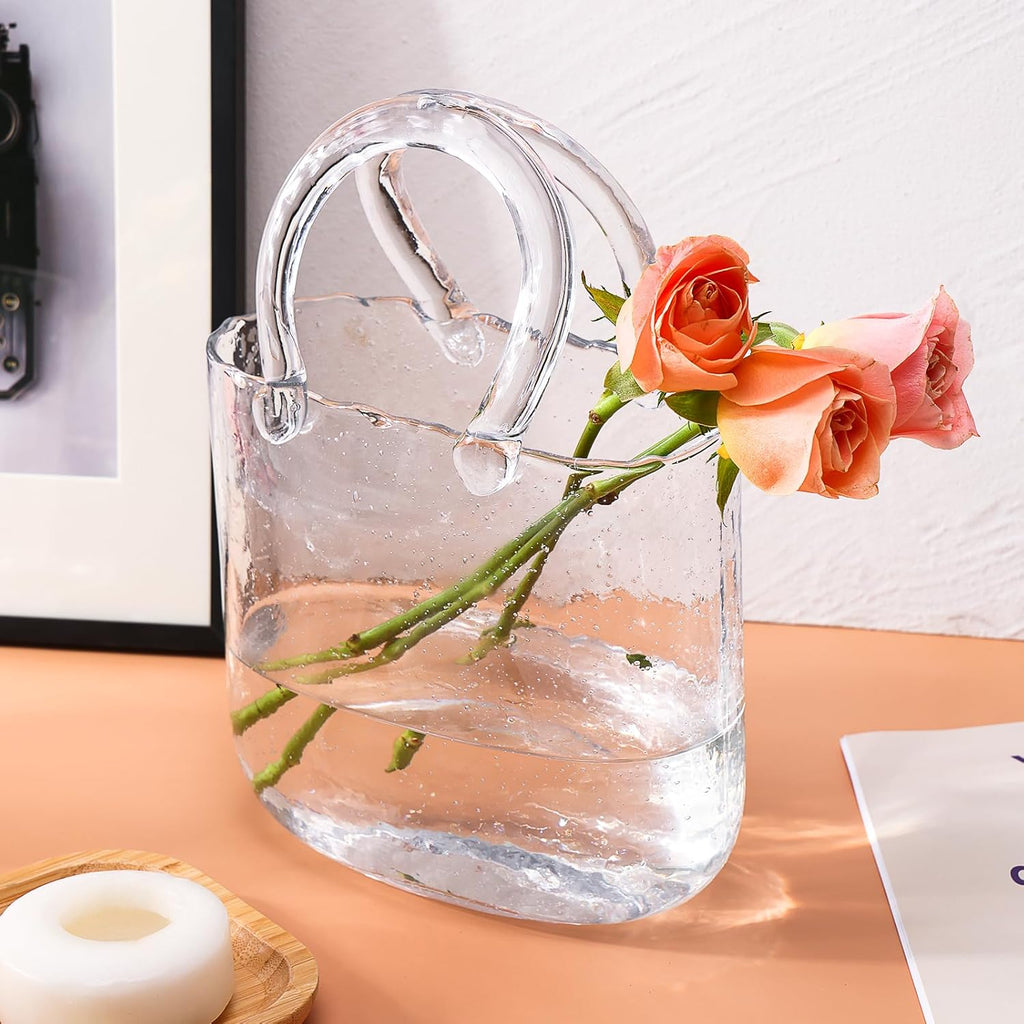 Glass Purse Vase for Flowers, Clear Bag Vases with Handle, Unique Cute Handbag Shape Decorative Flower Vases with Fish Bowl for Centerpieces Home Table Shelf Decor Birthday
