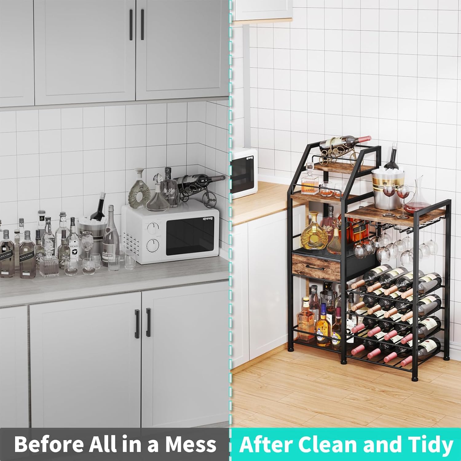 HapiRm Wine Rack Freestanding Floor - Multi-Tier Liquor Cabinet with Fabric Drawer, Liquor Bottle Display Shelf with Glass Holder, Vintage Whiskey Cabinet for Home
