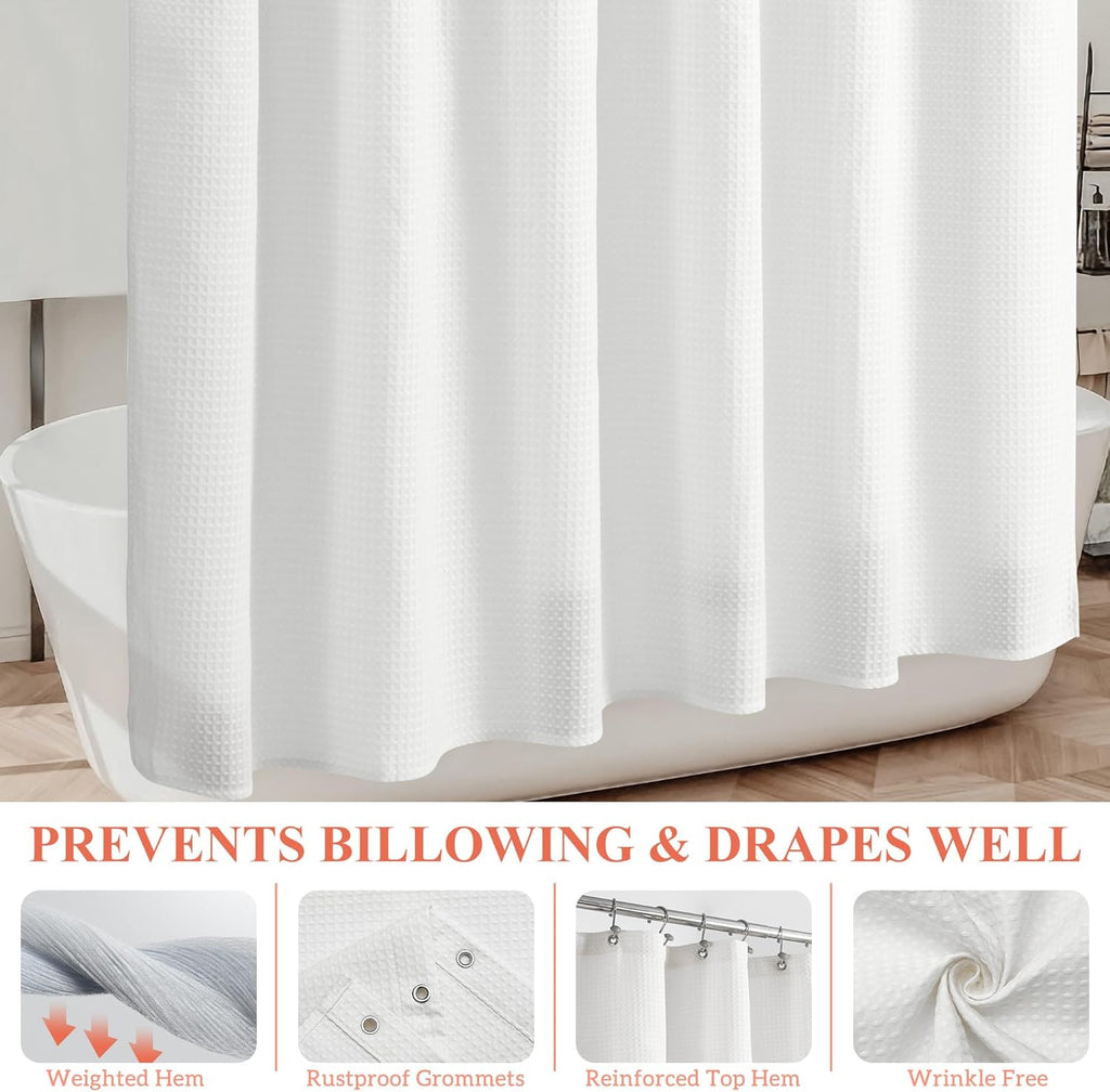 Design Waffle Weave White Shower Curtain Hotel Luxury Quality, Fabric Shower Curtains for Bathroom, Pique Pattern Cloth, Water Repellent and Machine Washable, Standard Size 71" x 72"