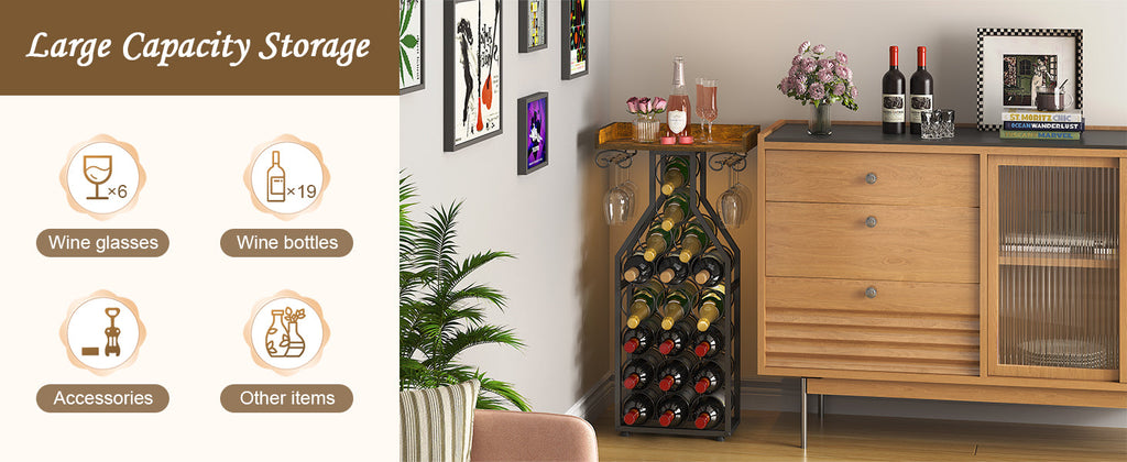 X-cosrack Wine Rack Freestanding Floor, Wine Storage Rack Mini Bar Table with Tabletop, Glass Holder Wine Bottle Display Stand Liquor Cabinet for Home Bar Kitchen Living Room