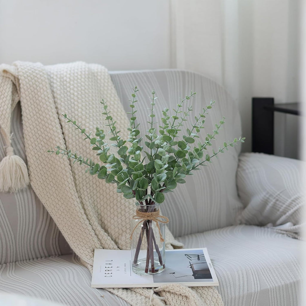 17.5" Artificial Eucalyptus Stems in Glass Vase with Faux Water,Fake Plant Eucalyptus Leaves White Seeds for Centerpiece Table Decorations Farmhouse Wedding Home Greenery Decor (Sage Green)