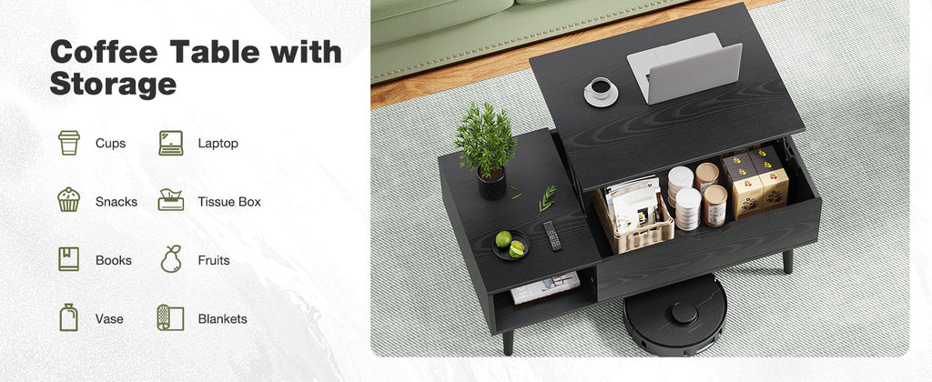 OLIXIS Wood Lift Top Coffee Table with Hidden Compartment and Large Storage Shelf, Lift Tabletop Dining Center Table for Home Living Room Office, Black